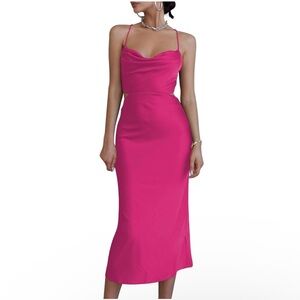 NWT Women’s Pink Satin Slip Open Back Crisscross Cowl Neck Midi Dress Sz Medium